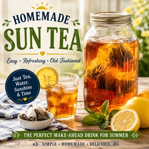 Cool off with this refreshing homemade sun tea recipe, an easy old-fashioned favorite perfect for summer holidays, family picnics, cookouts, potlucks, park days, and warm afternoons outside. If you love simple living, from scratch living, and homemade summer traditions, this easy tea recipe belongs in your kitchen.
