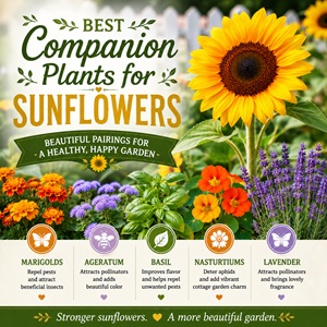 Discover the best companion plants for sunflowers to create a thriving garden full of pollinators and color! Learn why nasturtiums, marigolds, basil, lavender, zinnias, and clematis pair beautifully with sunflowers in vegetable gardens and cottage garden flowers beds.