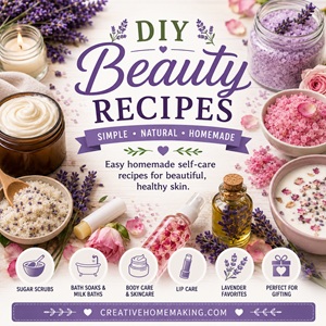 Discover easy DIY beauty recipes you can make at home with simple ingredients. From sugar scrubs and bath salts to body butter, lip balm, milk baths, and lavender beauty recipes, this collection is perfect for anyone who loves simple homemade living, natural self-care, and handmade gifts.