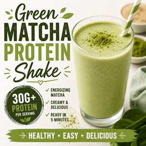 Start your morning with this refreshing Green Matcha Protein Shake! Made with matcha powder, vanilla protein powder, almond milk, and banana, this creamy smoothie packs over 30g of protein and is ready in just 5 minutes. Add collagen or creatine for an extra protein boost!