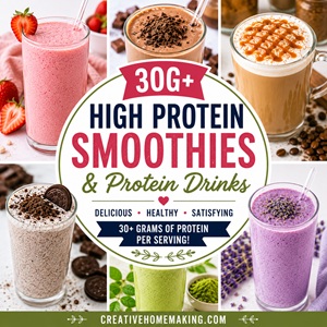 Skip the expensive coffee shop drinks and make your own high protein smoothies and protein coffees at home! This collection features easy recipes with 30G+ of protein, optional collagen and greens, and delicious flavors you'll love. Perfect for simple homemade living, from scratch recipes, healthy breakfasts, and nutritious snacks.