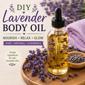 Learn how to make your own DIY lavender body oil with simple ingredients. This nourishing homemade beauty recipe helps moisturize dry skin, leaves a relaxing lavender scent, and fits perfectly into a simple homemade living lifestyle.