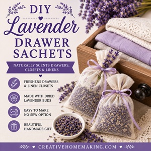 Freshen dresser drawers, linen closets, and storage bins naturally with these easy DIY lavender drawer sachets. Made with dried lavender buds, they're perfect for simple homemaking, cottage-style living, and handmade gifts. Pair them with lavender pillow spray, lavender linen spray, lavender bath tea, and lavender bath salts for a complete lavender DIY collection.