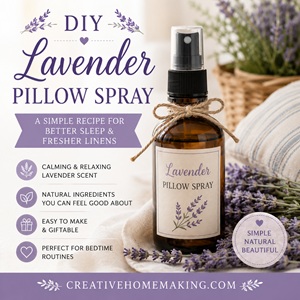 Make your own DIY lavender pillow spray with just a few simple ingredients. This easy homemade recipe helps freshen pillows and bedding while adding a relaxing lavender scent to your bedtime routine. Perfect for simple homemaking, natural living, lavender DIY projects, and homemade gifts.