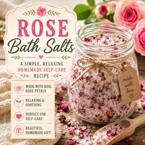 These homemade rose bath salts are easy to make, relaxing, and perfect for slowing down after a long day. A beautiful DIY self-care recipe for simple living, handmade gifts, cottage garden inspiration, and cozy evenings at home. If you love relaxing bath recipes, be sure to try lavender bath salt for another soothing homemade favorite.