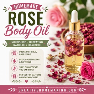 Make your own moisturizing rose body oil with just a few natural ingredients. Perfect for dry skin, relaxing spa days, and simple homemade living. Complete your homemade beauty collection with lavender body butter, whipped body butter, lavender body oil, and homemade milk bath recipes.