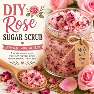 This easy rose sugar scrub recipe is perfect for soft, glowing skin and cozy homemade self-care routines. A beautiful DIY beauty recipe for handmade gifts, spa nights, and simple living inspired by cottage garden roses. If you love homemade skincare, pair it with rosewater toner, rose bath salts, and lavender sugar scrub for the ultimate relaxing routine.