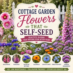Fill your garden with beautiful blooms that come back on their own year after year. Discover self-seeding cottage garden flowers including hollyhocks, foxgloves, larkspur, bachelor buttons, calendula, love-in-a-mist, forget-me-nots, and verbena bonariensis. Perfect for creating a colorful, low-maintenance cottage garden.