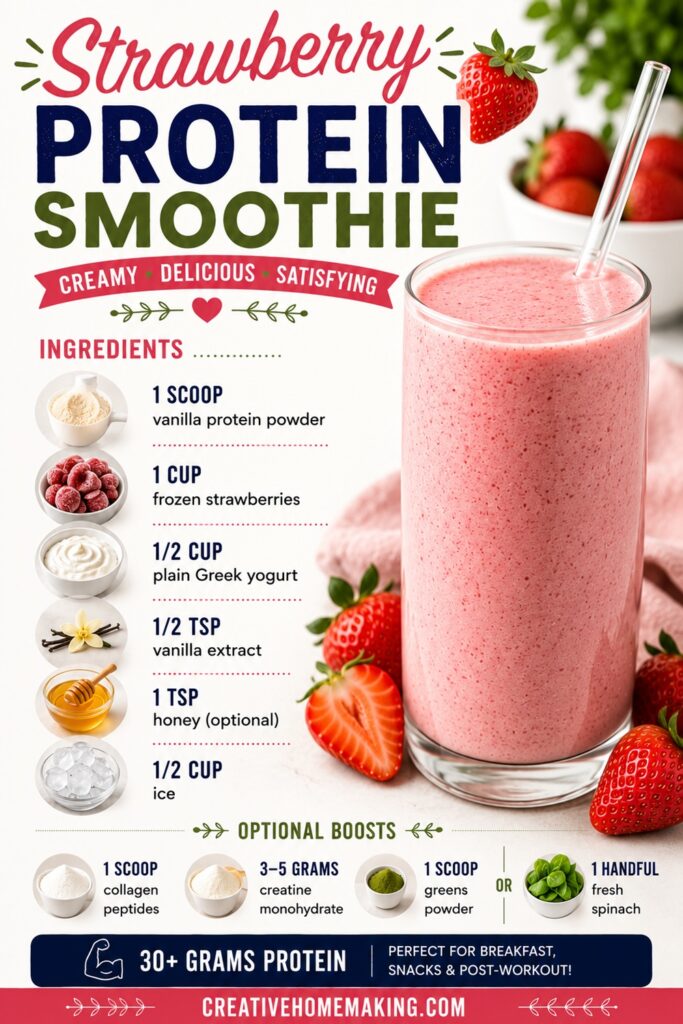 This Strawberry Protein Smoothie is thick, creamy, and packed with 30+ grams of protein to keep you full and energized. Made with simple ingredients, it's perfect for breakfast, post-workout recovery, or a healthy afternoon snack. Great for simple homemade living, from scratch recipes, and high-protein meal ideas.