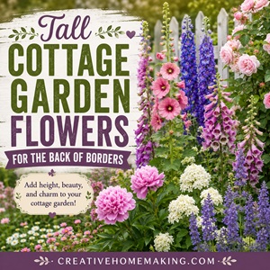 Create stunning layers in your cottage garden with tall flowers like hollyhocks, foxgloves, delphiniums, Joe Pye weed, and climbing roses. These beautiful blooms add height, structure, and old-fashioned charm to the back of garden borders.
