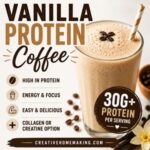 Start your morning with this creamy Vanilla Protein Coffee! Made with coffee, vanilla protein powder, almond milk, and optional collagen or creatine, this easy high-protein breakfast drink tastes like your favorite coffeehouse latte while helping you reach your daily protein goals.