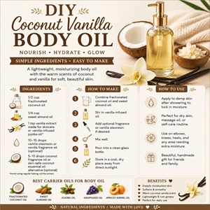Make this easy DIY coconut vanilla body oil with simple, nourishing ingredients for silky smooth skin. A beautiful homemade skincare recipe that's perfect for everyday self-care, handmade gifts, and anyone who loves DIY beauty and simple living. Save this recipe for later!