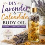 This lavender and calendula body oil is lightweight, moisturizing, and smells amazing. Made with nourishing carrier oils and dried herbs, it's the perfect addition to your natural skincare routine. A beautiful DIY gift idea too!