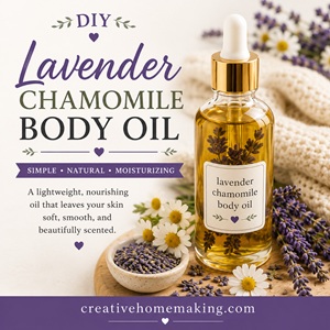 Create a luxurious lavender chamomile body oil that's perfect for your evening self-care routine. This lightweight moisturizer helps nourish dry skin while filling the air with a calming botanical fragrance. An easy homemade beauty recipe you'll love.