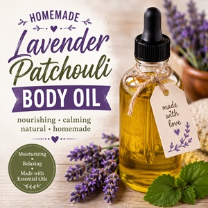 Create your own luxurious Lavender Patchouli Body Oil with this easy DIY recipe. Made with nourishing carrier oils and calming essential oils, it's perfect for soft skin and relaxing self-care. Add it to your collection of DIY beauty recipes, alongside Rose Vanilla Body Oil, Lavender Body Oil, Vanilla Body Oil, Calendula Body Oil, and Rosemary Body Oil.