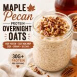 Enjoy all the cozy flavors of fall with these creamy Maple Pecan Protein Overnight Oats! This high protein breakfast combines maple syrup, toasted pecans, Greek yogurt, oats, and protein powder for a delicious make-ahead meal. Add collagen, creatine, chia seeds, or hemp hearts for an even more satisfying breakfast that's perfect for easy meal prep.