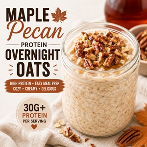 Enjoy all the cozy flavors of fall with these creamy Maple Pecan Protein Overnight Oats! This high protein breakfast combines maple syrup, toasted pecans, Greek yogurt, oats, and protein powder for a delicious make-ahead meal. Add collagen, creatine, chia seeds, or hemp hearts for an even more satisfying breakfast that's perfect for easy meal prep.