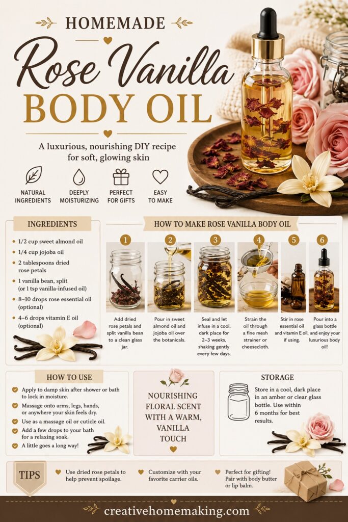 This easy homemade rose vanilla body oil leaves skin soft, moisturized, and lightly scented with warm vanilla and delicate rose. Add it to your DIY beauty routine alongside my rose body oil, vanilla body oil, rosemary body oil, lavender body oil, calendula body oil, chamomile body oil, and lavender chamomile body oil recipes for a complete collection of natural body oils.