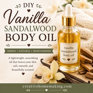 This nourishing vanilla sandalwood body oil is made with simple ingredients and a warm, luxurious fragrance you'll love. A beautiful DIY skincare recipe for homemade living, natural beauty routines, self-care, and handmade gifts.