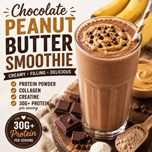 This creamy chocolate peanut butter smoothie tastes like a treat but packs 30g+ of protein. Made with protein powder, collagen, creatine, banana, and peanut butter, it's an easy high protein drink for breakfast or after a workout.