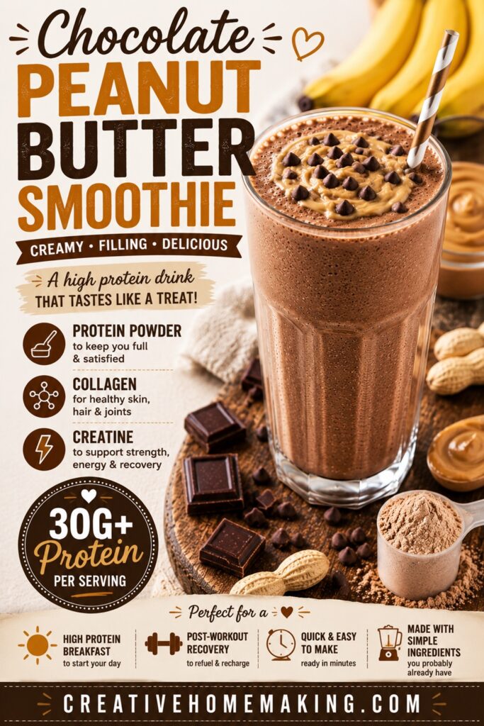 Rich, creamy, and loaded with chocolate and peanut butter flavor! This easy high protein drink combines protein powder, collagen, and creatine for a filling high protein breakfast that's ready in minutes.