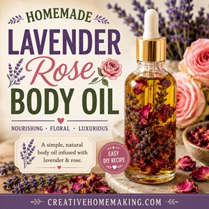 This easy lavender and rose body oil is a beautiful addition to your homemade beauty collection. Learn how to make it with dried flowers, choose the best carrier oil, and package it in a pretty bottle for a thoughtful holiday gift idea.