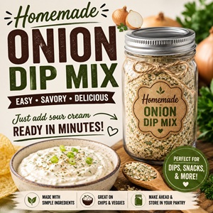 Make your own homemade onion dip mix with simple pantry ingredients! This easy recipe is perfect for building a homemade pantry and keeping quick dips on hand. Try it alongside homemade Ranch Dressing Mix, Italian Dressing Mix, and Chicken Fajita Seasoning Mix.