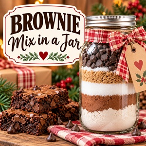 This easy brownie mix in a jar makes a delicious homemade Christmas gift! Layer the simple dry ingredients in a mason jar, add chocolate chips, and decorate with ribbon and a gift tag. Perfect for neighbors, teachers, friends, coworkers, and homemade gift baskets.