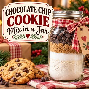 Turn a mason jar into a delicious homemade gift with this easy chocolate chip cookie mix! Layer flour, sugar, brown sugar, and chocolate chips for a pretty gift anyone would love to receive. Great for Christmas gifts, gift baskets, teacher gifts, and simple homemade living.