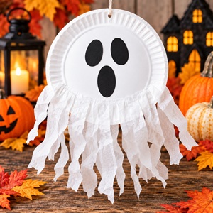 Make this adorable paper plate ghost craft with the kids this Halloween! All you need is a paper plate, black paper, and a little tissue paper to create a spooky ghost decoration. An easy and inexpensive Halloween craft for kids.