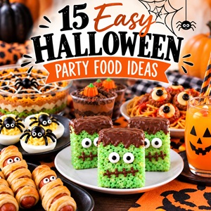 Need ideas for your Halloween party menu? These fun and easy Halloween recipes include Spider Deviled Eggs, Halloween Taco Dip, Halloween Stuffed Peppers, Mummy Dogs, Eyeball Meatball Spaghetti, Spider Cookies, Pumpkin Patch Dirt Cups, Frankenstein Rice Krispie Treats, and Halloween drinks. Perfect for creating a festive Halloween spread without complicated recipes!