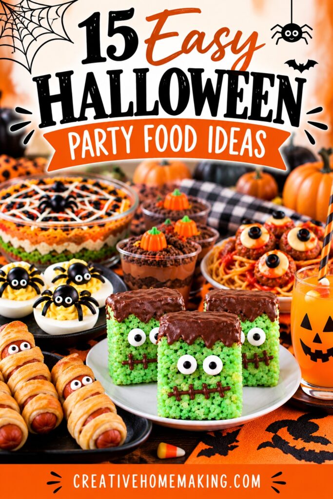 Planning a Halloween party? Find 15 easy Halloween party food ideas including Spider Deviled Eggs, Halloween Taco Dip, Mummy Dogs, Eyeball Meatball Spaghetti, Pumpkin Patch Dirt Cups, Frankenstein Rice Krispie Treats, Candy Corn Punch, and more. These fun Halloween recipes are perfect for a party, classroom celebration, or family Halloween night.