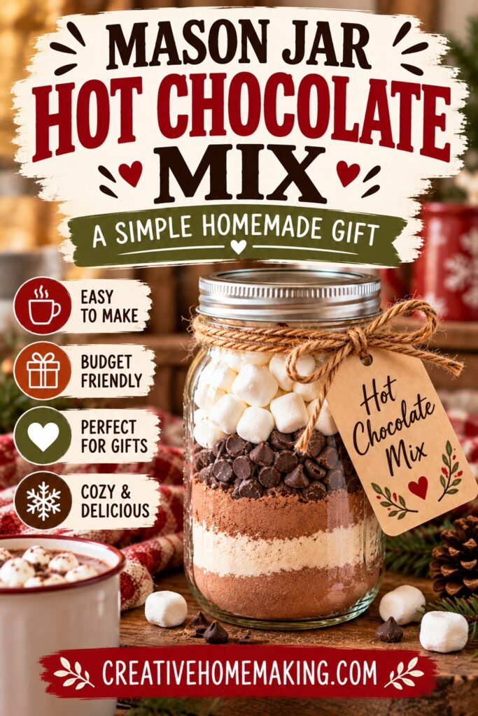 Turn a few simple ingredients into a cozy homemade hot chocolate mix that's perfect for gift giving. This easy mason jar project fits beautifully with Simple Homemade Living, From Scratch Living, DIY Pantry and Mixes, and Christmas Ideas. A practical homemade gift anyone would love!