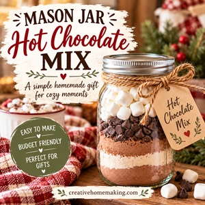 Make this easy mason jar hot chocolate mix for a cozy homemade gift! This simple project is perfect for Simple Homemade Living, Christmas Ideas, and DIY Pantry and Mixes. A budget-friendly homemade gift that's easy to make and fun to keep in your pantry for cold winter nights.