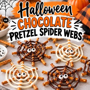 Looking for an easy Halloween treat that kids can help make? Turn ordinary pretzel sticks and melted chocolate into adorable spiderwebs with candy eyes. These chocolate pretzel spider webs are a fun Halloween activity and make cute party food for your spooky celebration.