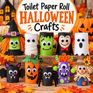 Looking for inexpensive Halloween crafts for kids? Grab some empty toilet paper rolls and make a whole collection of spooky characters, including a witch, mummy, Frankenstein, vampire, ghost, bat, pumpkin, spider, monster, and scarecrow. Great recycled craft ideas for Halloween decorating and fall fun.