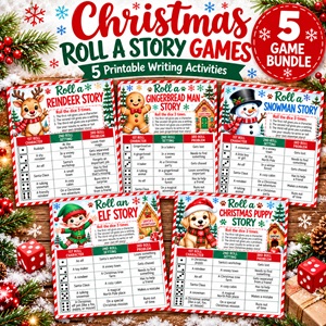 Make Christmas writing fun with these printable Christmas Roll a Story Games! Kids roll a die to choose a character, setting, and story problem, then create their own holiday adventure. Includes five festive story games featuring a reindeer, snowman, gingerbread man, elf, and Christmas puppy. Perfect for Christmas classroom activities, homeschool writing centers, and holiday fun. Shop the printable bundle on Etsy!