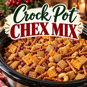 This Crock Pot Chex Mix is an easy, savory snack for Christmas parties, holiday gatherings, and family get-togethers. Made with Chex cereal, cheese crackers, pretzels, nuts, and a buttery seasoned coating, it’s a simple slow cooker snack everyone can munch on!