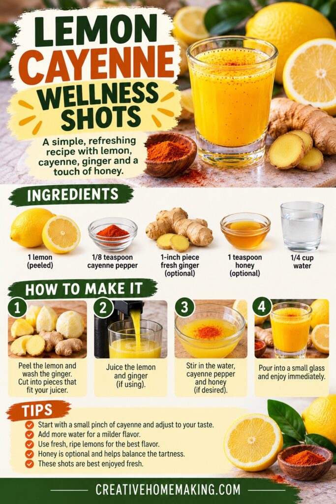 Need a quick recipe for using fresh lemons? This lemon juice shot with cayenne pepper is simple to make with just a few kitchen ingredients. Add fresh ginger for extra flavor or a little honey to balance the tartness. Get the easy recipe and tips for making lemon cayenne wellness shots at home.
