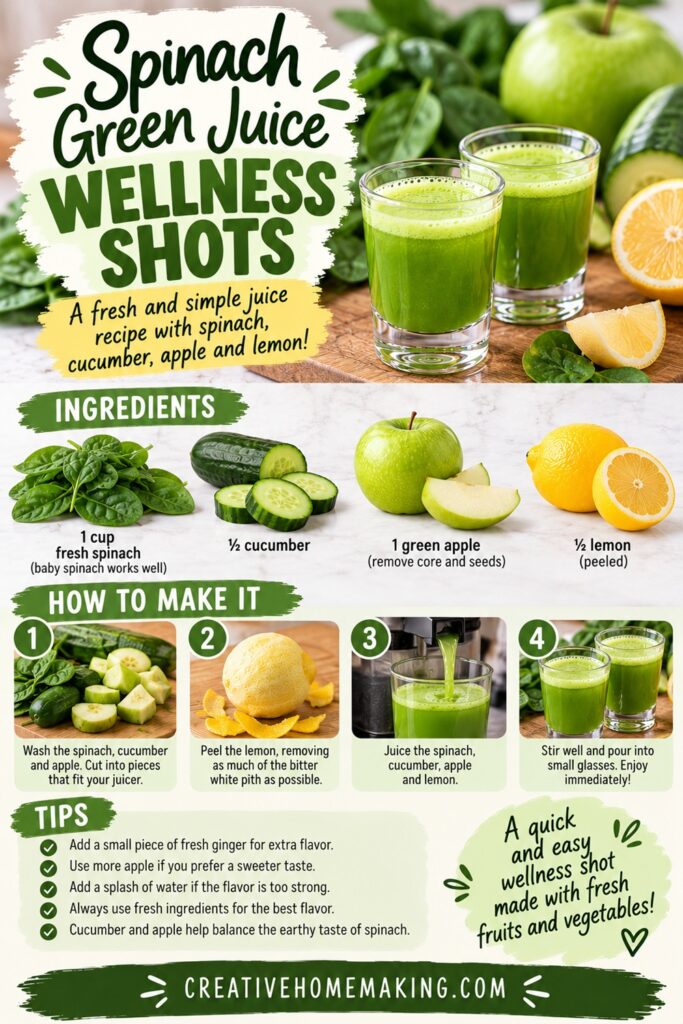 Make fresh spinach green juice wellness shots with spinach, cucumber, green apple, and lemon! This easy homemade green juice recipe takes just 5 minutes and is a refreshing way to experiment with fresh fruits and vegetables. Perfect for making in your juicer at home.