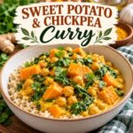 This sweet potato and chickpea curry is a creamy, comforting one-pot meal made with coconut milk, fresh ginger, garlic, spinach, and warm curry spices. Serve it over brown rice for an easy plant-based dinner the whole family can enjoy. Perfect for busy weeknights when you want a flavorful meal made with simple ingredients.