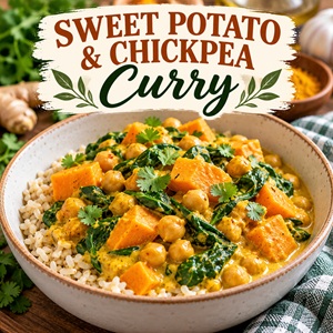 This sweet potato and chickpea curry is a creamy, comforting one-pot meal made with coconut milk, fresh ginger, garlic, spinach, and warm curry spices. Serve it over brown rice for an easy plant-based dinner the whole family can enjoy. Perfect for busy weeknights when you want a flavorful meal made with simple ingredients.